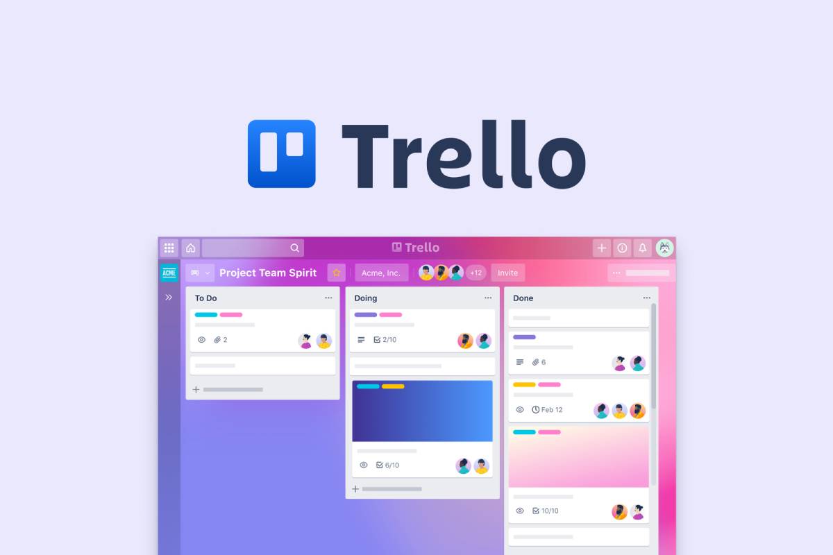 A Trello project board showcases task categories  with colorful progress bars and user icons.