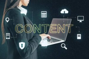 A woman in a suit types on a laptop, surrounded by icons symbolizing digital content and data management.