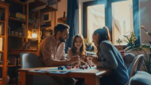 A cozy indoor scene with three people engaged in a board game at a wooden table, illuminated by warm sunlight and surrounded by plants.