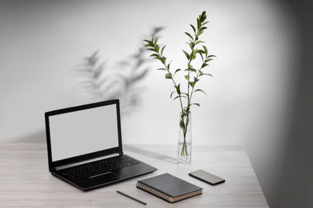 A minimalist workspace featuring a laptop, a notebook, a smartphone, and a vase with greenery, casting gentle shadows on the surface.
