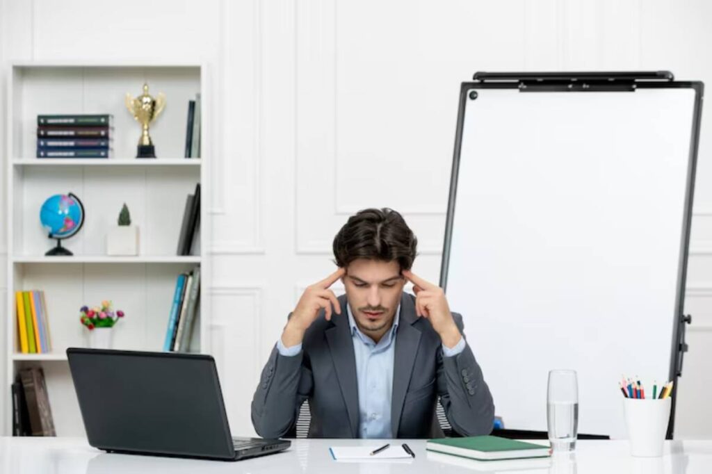 A businessman in a suit appears stressed at his desk, with a laptop, notebook, water glass, and an empty whiteboard behind him.