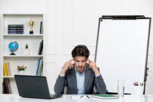 A businessman in a suit appears stressed at his desk, with a laptop, notebook, water glass, and an empty whiteboard behind him.