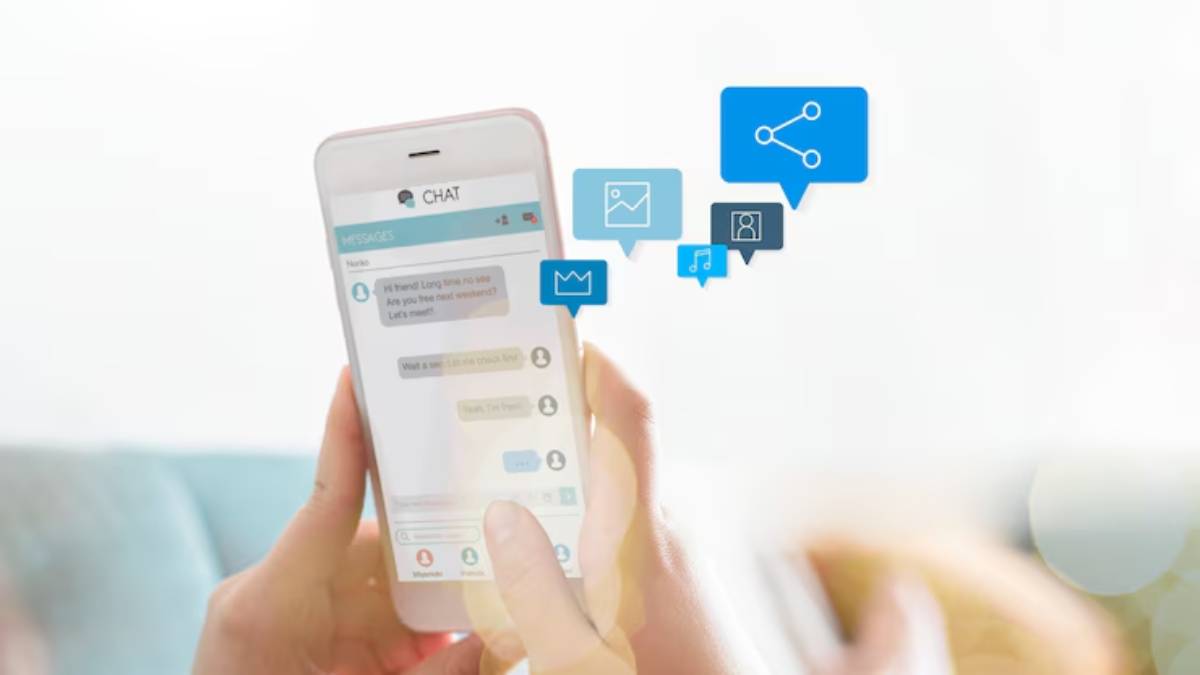  A person holding a smartphone displaying a chat conversation, with colorful message icons for sharing media and links.