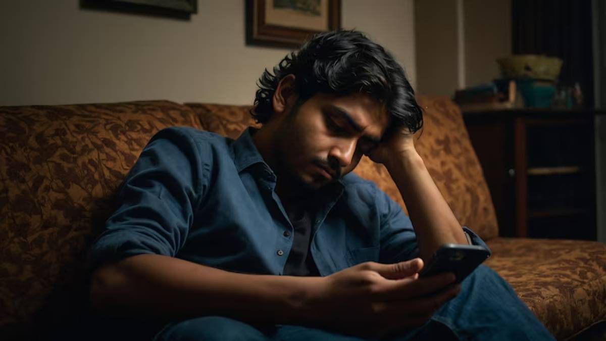 A person with dark, wavy hair sits on a patterned couch, holding a smartphone while resting their head on their hand, looking contemplative.